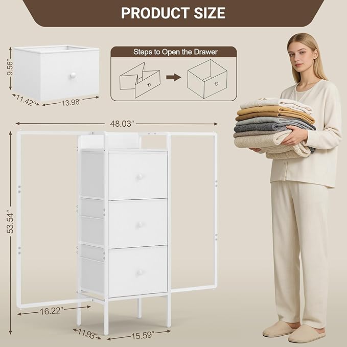 48.03” W Dresser with 2 Hanging Racks, 3 Drawers Dresser Closet for Bedroom, Fabric Kids Chest of Drawers with Clothes Rack, Small Dresser with Wooden Top, White Dresser for Bedroom