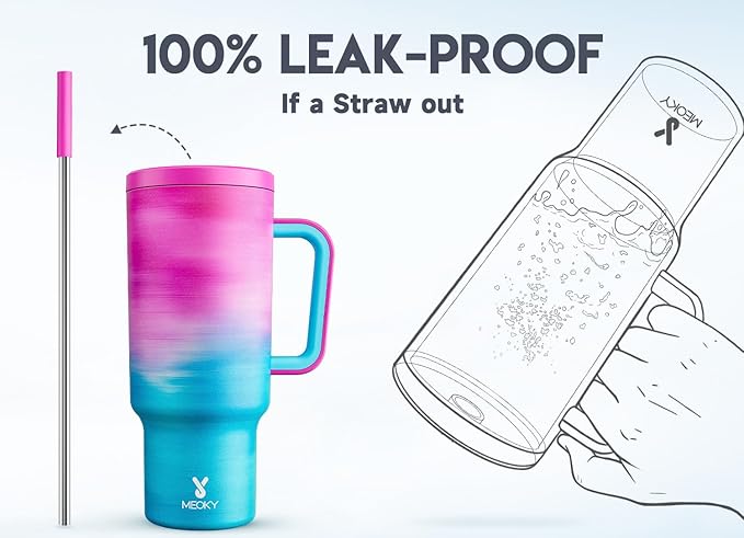 Meoky 40 oz Tumbler with Handle and Straw, Tumbler with Lid and Straw, Insulated Stainless Steel Travel Mug, 100% Leak-proof, Keeps Cold for 34 Hours or Hot for 10 Hours (Marshmallow)
