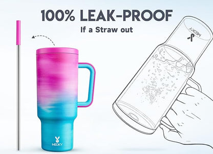Meoky 40 oz Tumbler with Handle and Straw, Tumbler with Lid and Straw, Insulated Stainless Steel Travel Mug, 100% Leak-proof, Keeps Cold for 34 Hours or Hot for 10 Hours (Marshmallow)