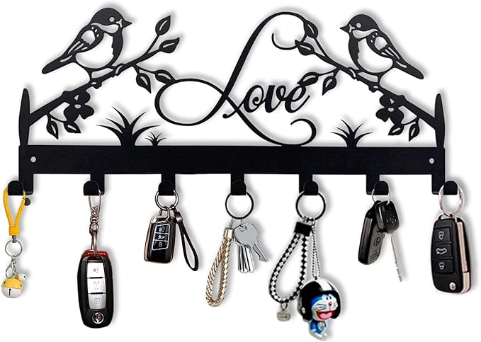 Metal Key Holder, Wall Mounted Key Hooks, Key Holder for Wall, Key Organizer Rack with 7 Hooks, Key Hanger Decor for Kitchen, Entryway, Hallway, Bedroom, Doorway (Birds 12IN)