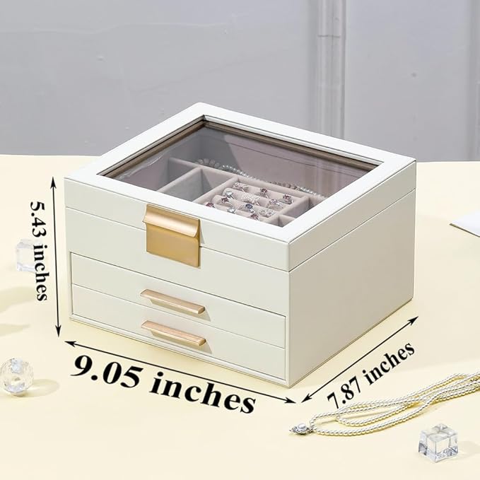 Jewelry Boxes with Glass Lid Display PU Leather Elegant Jewelry Organizer Women Multiple Drawers Stylish Storage Men for Rings Necklaces Accessories GY807 (White)