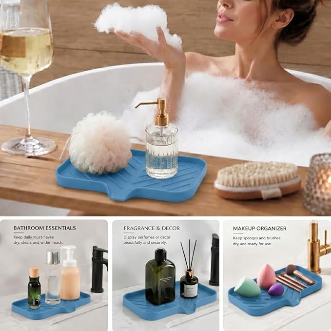 MicoYang Silicone Soap Dish with Drain Spout — Self-Draining Sink Organizer Tray for Bathroom & Kitchen, Sponges, Dispensers & Soap Holder, Non-Slip & Dishwasher Safe, Lichen Blue (Medium, 9.6"×5.3")