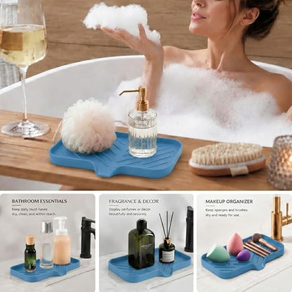 MicoYang Silicone Soap Dish with Drain Spout — Self-Draining Sink Organizer Tray for Bathroom & Kitchen, Sponges, Dispensers & Soap Holder, Non-Slip & Dishwasher Safe, Lichen Blue (Medium, 9.6"×5.3")