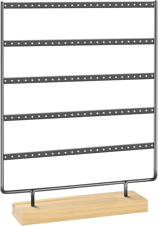 Earring Holder Organizer, 5-Tier Earring Organizer with 60-Pair Capacity, Wooden Base Metal Earring Display, Jewelry Storage & Display for Home Store, Suitable for Women