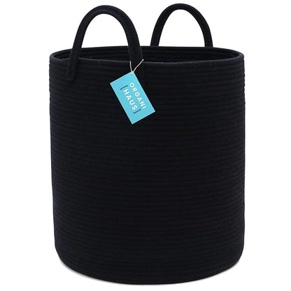 OrganiHaus Large Black Woven Laundry Basket w/Handles 52L, Rope Dirty Clothes Hamper, Blanket Basket for Living Room, Baby Laundry Hamper for Nursery, Soft & Durable Decorative Organizer Bin