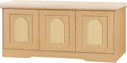 DINZI LVJ Shoe Bench, Entryway Storage Bench with Doors, Cushion, 2-Tier Shoe Rack with 6-Cubby, 39.4”L x 13.8”W Shoe Organizer Cabinet, Adjustable Shelf, Living Room, Bedroom, Natural with Rattan