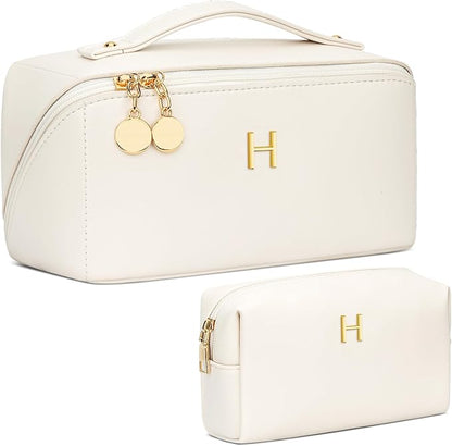 Valentine's Day Gifts for Women Teen Girl, Personalized Initial Makeup Organizer Bag Set, Open Flat Travel Cosmetic Bag With Clear Divider and Handle(Beige,H)