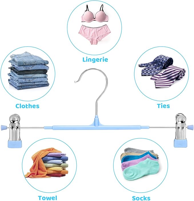 POZEAN Pants Hangers with Clips for Women 30 Pack, 12Inch Adjustable Heavy Duty Skirt Hangers, Space Saving Non-Slip Shorts Jeans Trousers Clothes Hangers, Blue