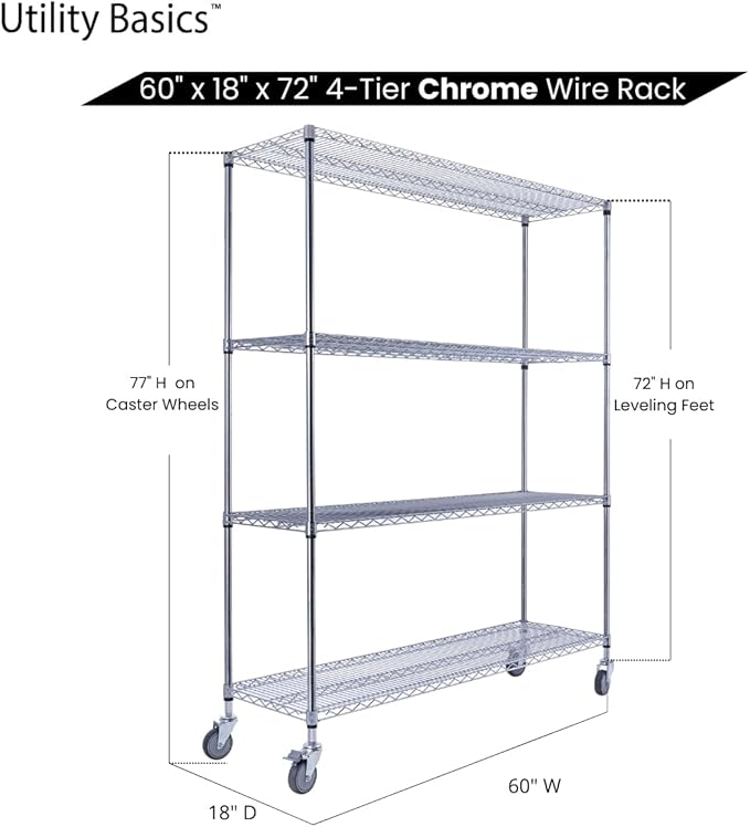 Utility Basics NSF Commercial 4-Tier Wire Shelving with Wheels, 60"x18"x72" Heavy Duty Metal Shelves 3200 lbs Max Capacity, Chrome Storage Rack for Garage Kitchen Pantry Warehouse