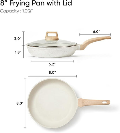 CAROTE 8 Inch Non Stick Frying Pan with Lid,White Granite Nonstick Skillet Omelet Pans, Egg Pan Granite Cookware, PFOS & PFOA Free