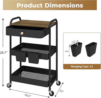 danpinera Rolling Cart with Drawers, Black Storage Cartwith Locked Wheels, Hooks & Hanging Cups for Any Room