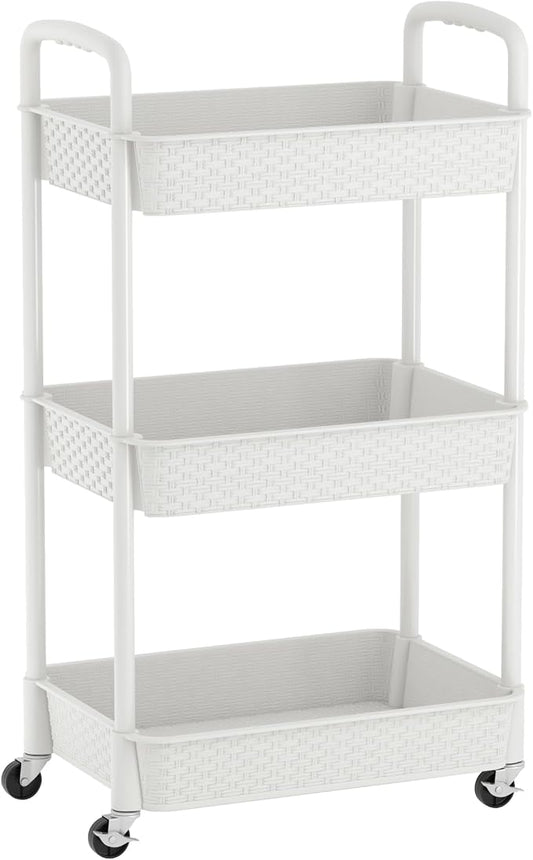 MOYIPIN 3-Tier Plastic Rolling Utility Cart with Handle,Utility Storage Cart for Office, Living Room, Kitchen,Movable Storage Organizer Shelves,White