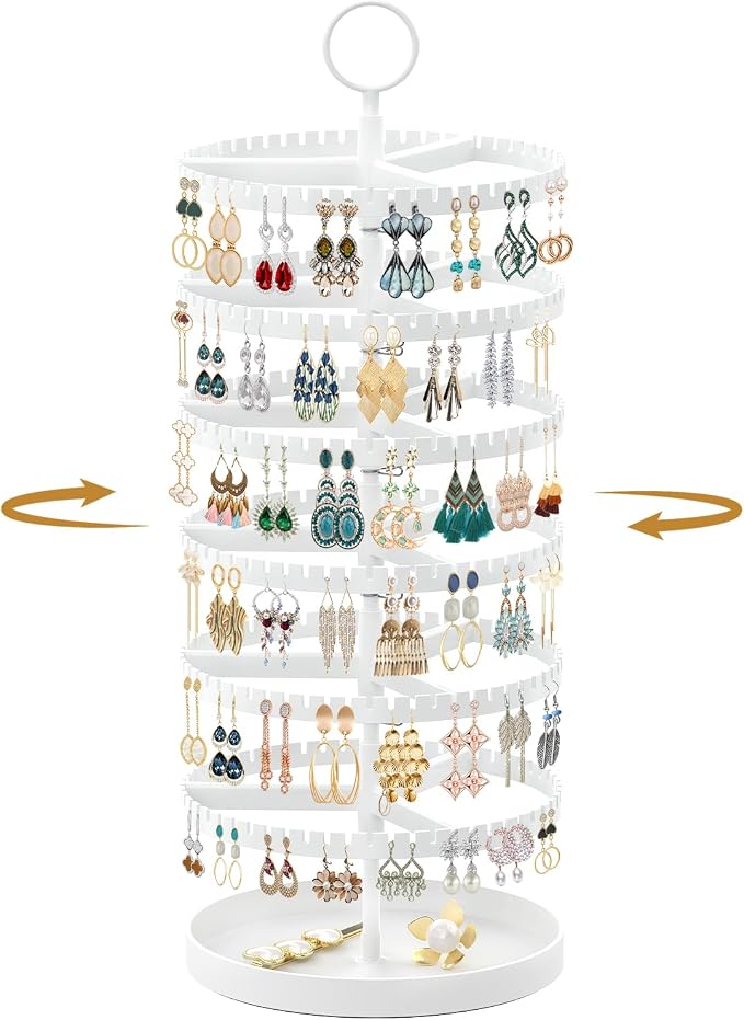 MODOWEY 6 Tier Rotating Earring Holder Organizer Display Tree with Metal Tray, Adjustable Plastic Stand with 342 Slots for Stud Hoop Hanger, Large Capacity Storage Rack for Women Space-Saving, White