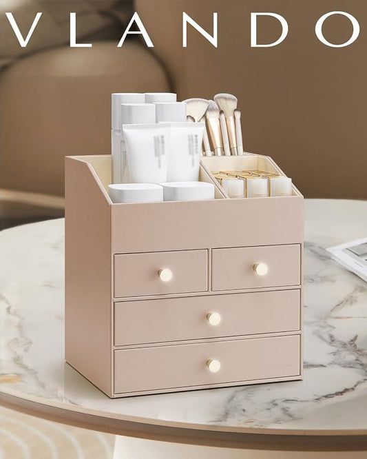 VLANDO Makeup Organzier,Vanity Organizer with Drawers, PU Leather Skincare Organizer Perfume Organizer,Large Cosmetic Display Case for Lipstick,Brushes Gifts for Women, Toffee, 4 Layer