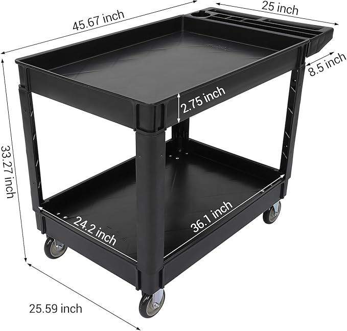 Utility Service Cart 2-Shelf 500 Lbs Capacity, Heavy Duty Rolling Cart with Two Trays and Brake Wheel for Warehouse, Garage, Cleaning, Manufacturing, Storage Handle, 45"X25" Black