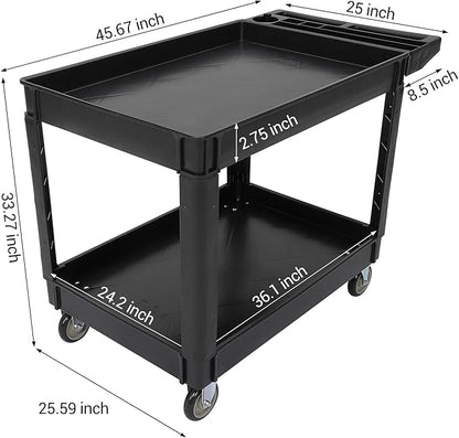 Utility Service Cart 2-Shelf 500 Lbs Capacity, Heavy Duty Rolling Cart with Two Trays and Brake Wheel for Warehouse, Garage, Cleaning, Manufacturing, Storage Handle, 45"X25" Black