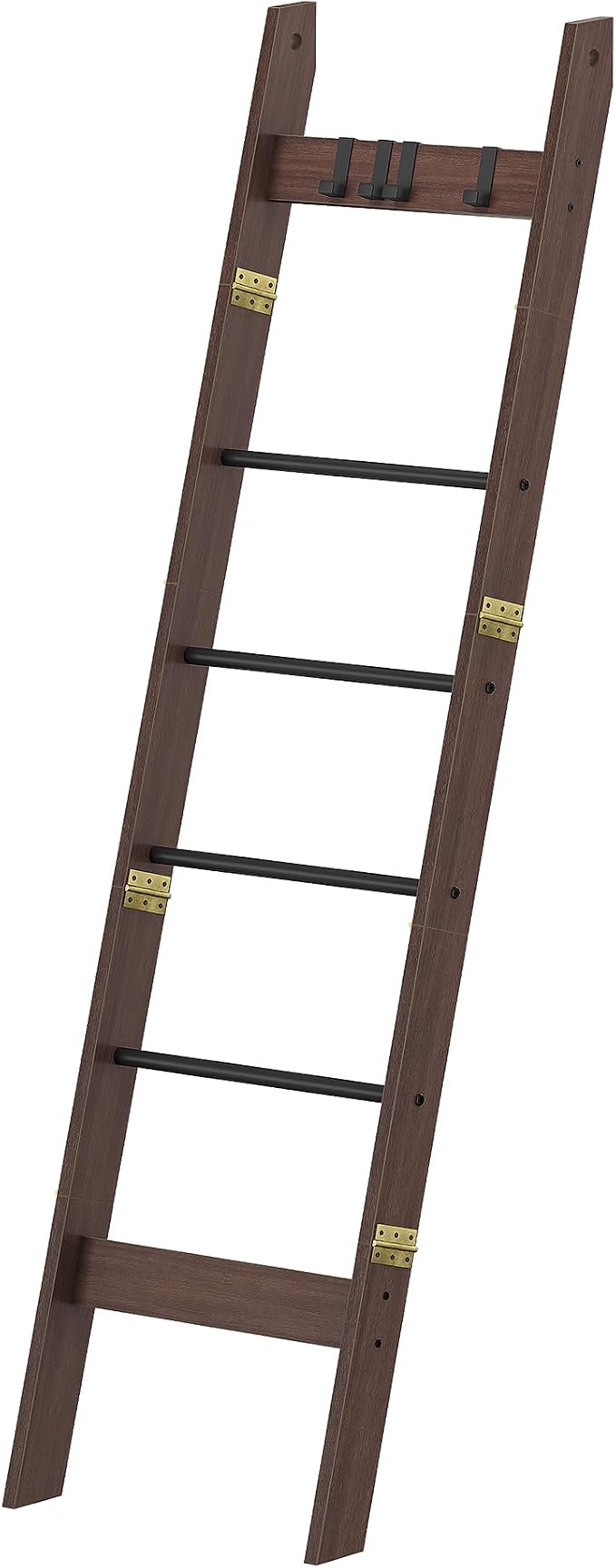 Hzuaneri Blanket Ladder for Living Room, Decorative Quilt Rack with 4 Removable Hooks, 6-Tier Farmhouse Ladder Holder Shelf Organizer for Bedroom, Black Tea Brown and Black BR31520B