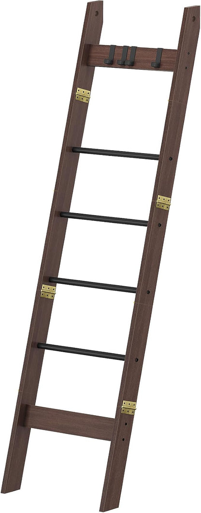 Hzuaneri Blanket Ladder for Living Room, Decorative Quilt Rack with 4 Removable Hooks, 6-Tier Farmhouse Ladder Holder Shelf Organizer for Bedroom, Black Tea Brown and Black BR31520B