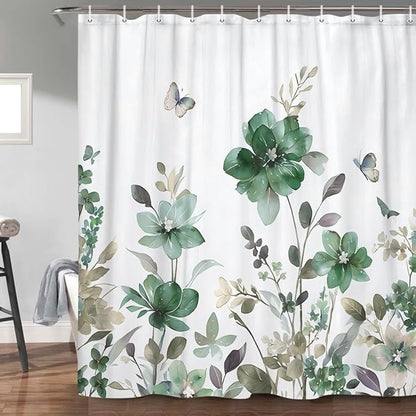 Green Floral Shower Curtain, Green Lavender Floral Butterfly Boho Shower Curtains for Bathroom, Farmhous Flower Cute Fabric Shower Curtain Set with 12PCS Hooks, 70X70IN