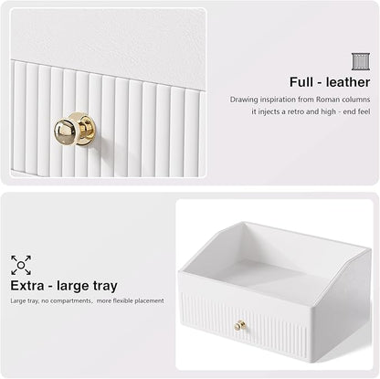 Office Desk Accessories,Beige White Vegan Leather Office Organizer with 1 Drawer & Tray,Pen Holder with Gold-Tone Metal Accents Knob for End Tables,Bedside Table,Bedroom.