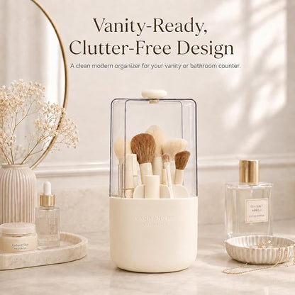 EACHY Makeup Brush Holder with Lid, 360° Rotating Vanity Organizer for Brushes, Dustproof Cosmetic Display Case, 7 Compartments, Waterproof Plastic (Beige)