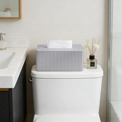 PU Leather Tissue Box Cover for up to 3.9" High Boxes, Rectangle Tissue Box Holder for Bathroom Bedroom Living Room Office (Silver Stripe)