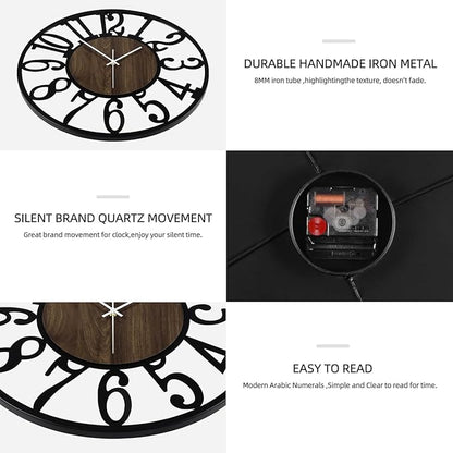 Maxstar Large Round Wall Clock for Living Room Decor Battery Operated Non Ticking Black Metal Wood Clocks for Home Living Room Garden Farmhouse Office Kitchen Decoration -24 inch