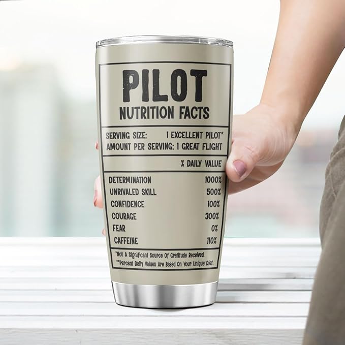 Pilot Nutrition Facts Tumbler Gift for Men, Aviation Panel Design 20oz Stainless Steel Cup, Funny Flight Coffee Mug for Pilot, Dad, Son, Husband, Birthday or Christmas