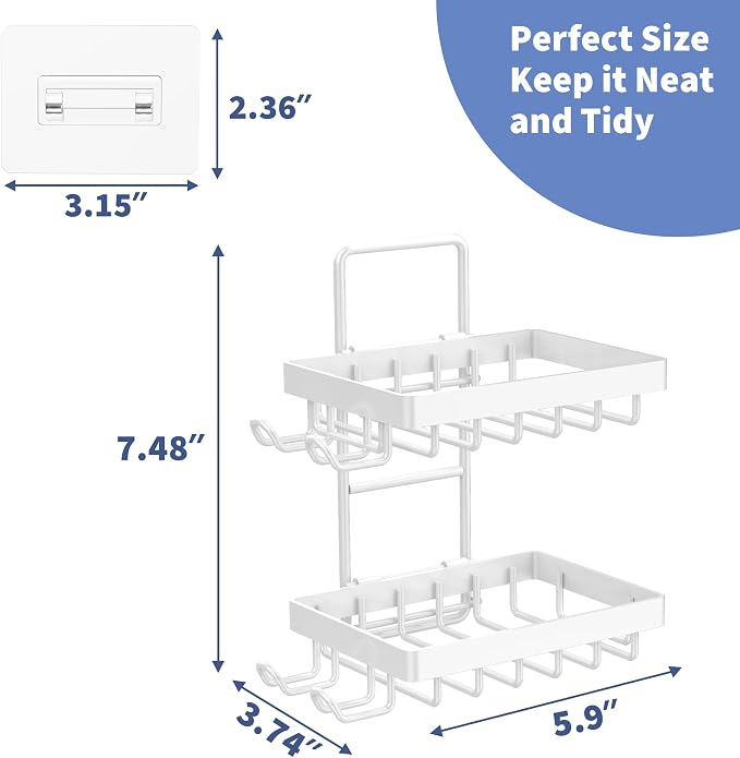 Moforoco White Double Soap Bar Holder for Shower, No Drilling, 304 Rustproof Stainless Steel, Wall Mounted Soap Holder with 4 Hooks and Razor Holder, Shower Rack Soap Tray Bar Soap for Bathroom