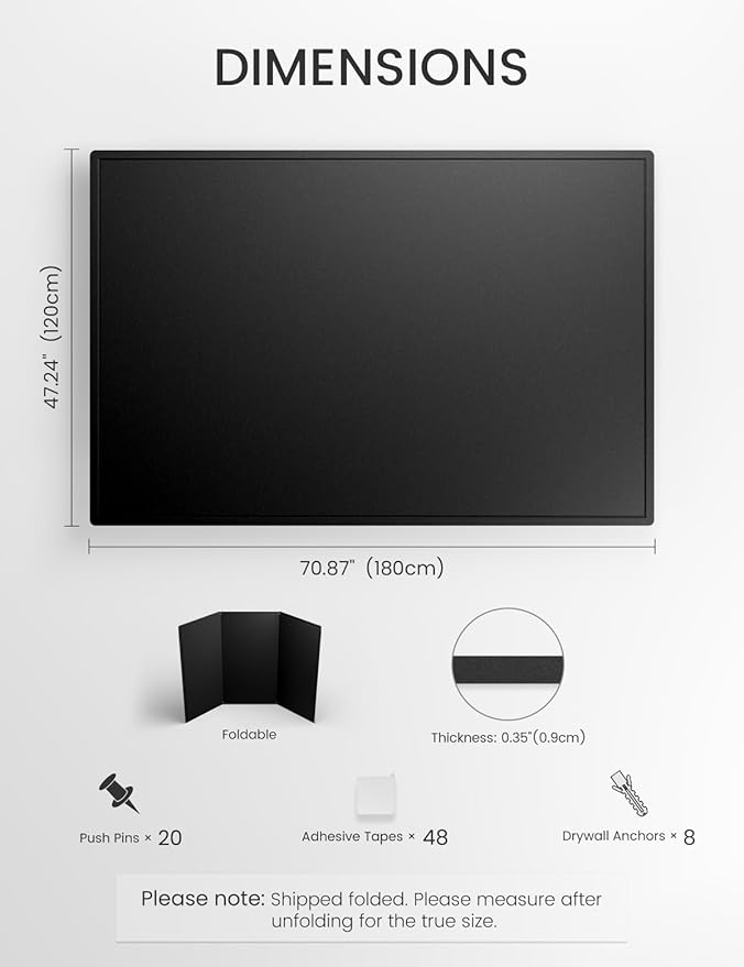 Fluxynara Large Bulletin Board, 70.8" x 47.2" Cork Board Alternative with 48 Safe Removable Adhesive Tabs, Foldable Felt Pin Board for Home Office, Classroom, Bedroom,Entryway for Walls— Black
