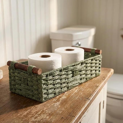 Toilet Paper Basket, Green Wicker Storage Basket with Wooden Handles, Handwoven Paper Rope Toilet Tank Top Organizer, Countertop Basket for Top of Toilet, Wicker Bathroom Baskets for Organizing