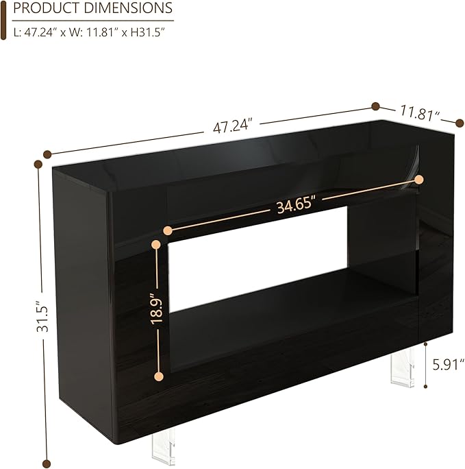 47" High Gloss Console Table with Hidden Side Storage Cabinets, Adjustable Shelves, Modern Black Entryway Sofa Table for Behind The Couch, Living Room, Hallway, Black