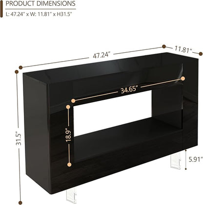 47" High Gloss Console Table with Hidden Side Storage Cabinets, Adjustable Shelves, Modern Black Entryway Sofa Table for Behind The Couch, Living Room, Hallway, Black