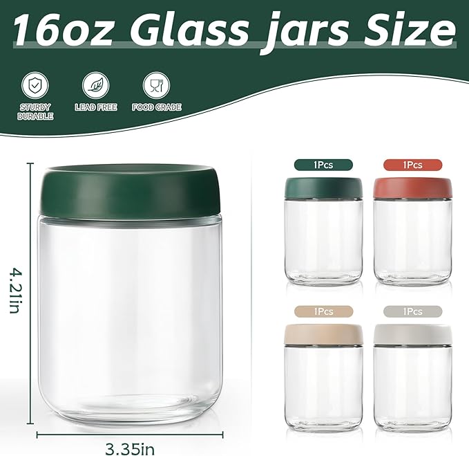 DIMBRAH Overnight Oats Containers with Lids,16oz Glass Jars with Lids - Set Of 4, Practical Oatmeal Container to Go, Chia Seed Pudding Jars, Baby Food Containers