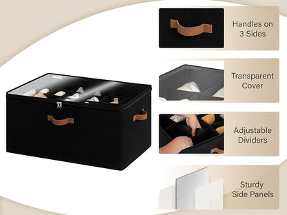 StorageWorks Shoe Organizer for Closet, Fits up to 24 Pairs, Shoe Cubby Storage Containers with Adjustable Dividers and Clear Cover, Black