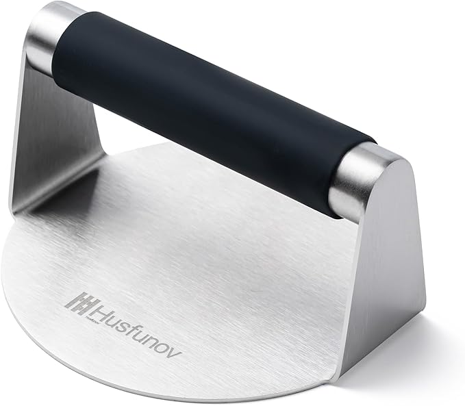 Husfunov Stainless Steel Burger Press, 5.5 Inch Round Smasher,with Anti-Scald Handle,Non-Stick Smooth Hamburger Press,Flat Bottom, for Cooking Burgers, Bacon, Ground Beef, Meats, Sausage and So On