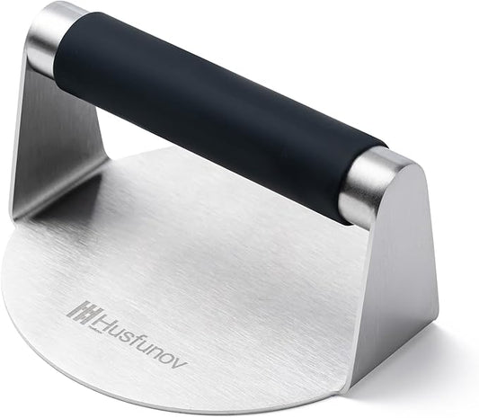 Husfunov Stainless Steel Burger Press, 5.5 Inch Round Smasher,with Anti-Scald Handle,Non-Stick Smooth Hamburger Press,Flat Bottom, for Cooking Burgers, Bacon, Ground Beef, Meats, Sausage and So On