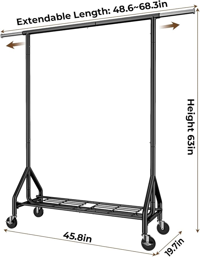 HYSEYY Heavy Duty Clothes Rack Load 450 LBS, Metal Garment Rack, Standing Rolling Clothing Rack for Hanging Clothes with Sturdy Wheels & Shelves, Portable Closet Wardrobe Rack,Black