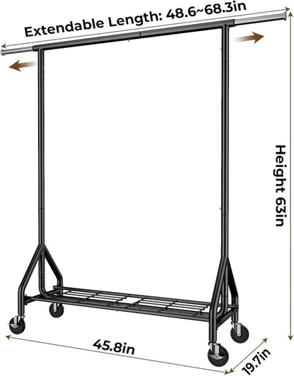 HYSEYY Heavy Duty Clothes Rack Load 450 LBS, Metal Garment Rack, Standing Rolling Clothing Rack for Hanging Clothes with Sturdy Wheels & Shelves, Portable Closet Wardrobe Rack,Black
