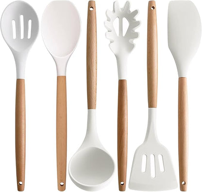 IOCBYHZ Kitchen Cooking Utensils Set 6Pcs Non-Stick Silicone Kitchen Utensils Spatula Spoon Turner Ladle Pasta Server, Heat Resistant Wooden Handle Silicone Cooking Gadgets Sets for Cookware & Baking