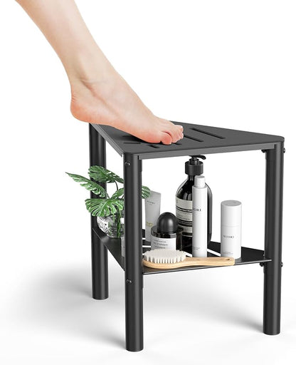 Shower Stool for Shaving Legs, Shower Step Stool for Inside Shower, Non-Slip Spa Shower Foot Rest Stool, Corner Bathroom Shower Bench Bath Seat with Storage Shelf for Small Shower Spaces