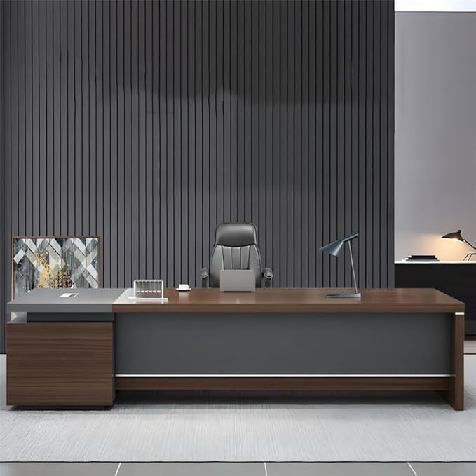 NIUYAO L-Shape Desk Executive Computer Desk with Drawers Brown/Grey Modern Writing Table Storage Shelves Work Desk PC Table Home Office Study Desk Without Chair -102.5" L x 79" W x 29.5" H (Right)
