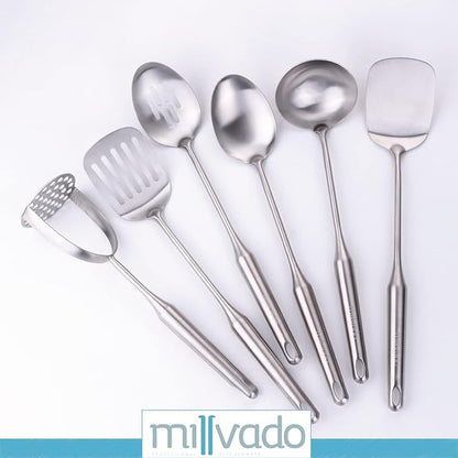 Stainless Steel Kitchen Utensil Set, Cooking Utensils, Set of 6 Kitchen Tools, Solid Spoon, Slotted Spoon, Solid Turner, Slotted Turner, Soup Ladle, Potato Masher, Dishwasher Safe
