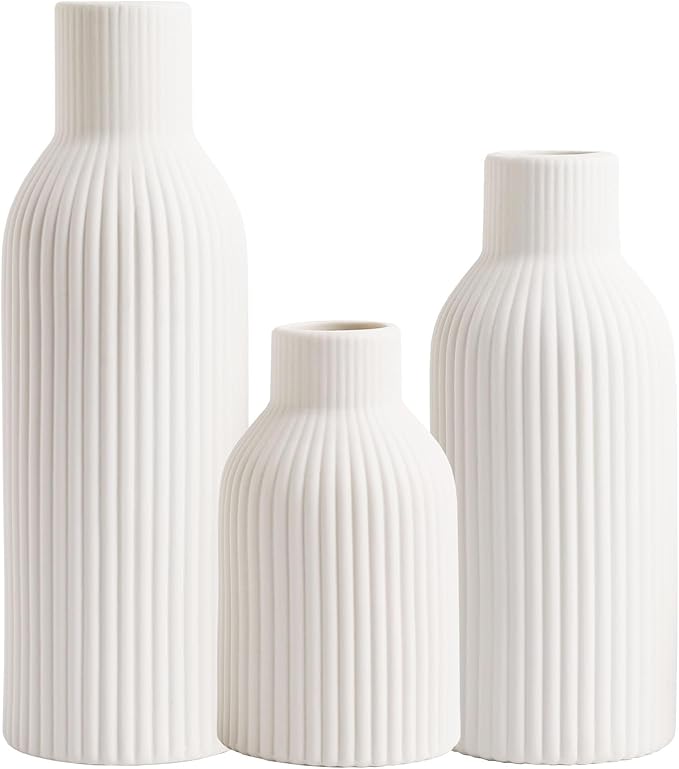 Ceramic Vase Set of 3 - Handcrafted Ceramic Vases for Home Decor & Shelf - Modern Farmhouse Decor for Kitchen, Office, Bedroom & Living Room Decorative Objects for Mantel, Table Centerpieces