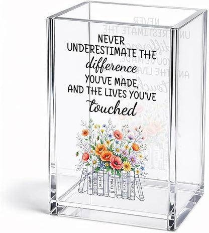 Never Underestimate The Difference You’ve Made Acrylic Pencil Holder Cup, Social Worker Appreciation Gifts for Desk Organizer, Floral Books Mark Holder Gifts for Teacher MSW, Graduation Present