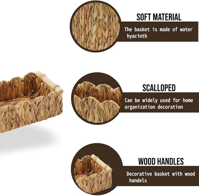 Water Hyacinth Scalloped Edge Baskets with Wood Handle, Set of 2 – Handwoven Natural Decor Storage Bins for Bathroom, Vanity & Farmhouse Home Style