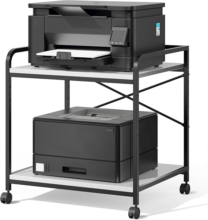 Warmiehomy 2 Tier Printer Stand with Storage, 22 Inches(55cm x 50cm) Under Desk Rolling Printer Cart with Height Adjustable Shelf, Large Printer Table for Home Office, White