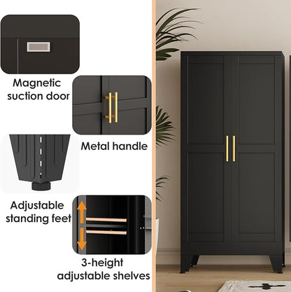 47" Kitchen Pantry Cabinet, Metal Storage Cabinet with 3 Adjustable Layer Shelves, 8 Door Shelves, Buffet Sideboard for Living Room, Kitchen, Black