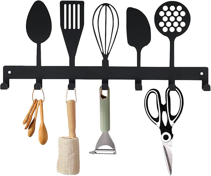 Metal Key Holder, Wall Mounted Key Hooks, Key Holder for Wall, Key Organizer Rack with 7 Hooks, Key Hanger Decor for Kitchen, Entryway, Hallway, Bedroom, Doorway (Cookware 12IN)