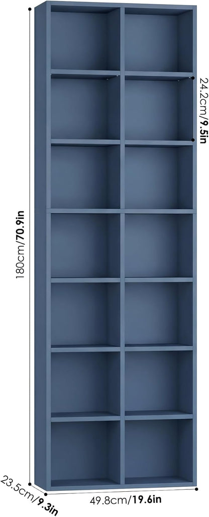 FOTOSOK 71'' Tall Bookshelf with 14 Cubes, 7 Tier Double Wide Bookshelf with 6 Adjustable Shelves, 19.6" Narrow Bookcase DVD/CD Media Storage Shelf, Space Saving Display Shelf Cabinet, Blue